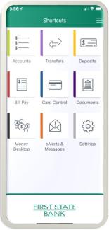 First State Bank Mobile App shortcuts screen